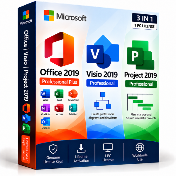 Office 2019 Professional Plus, Visio 2019 and Project 2019 Professional 3-in-1 bundle box