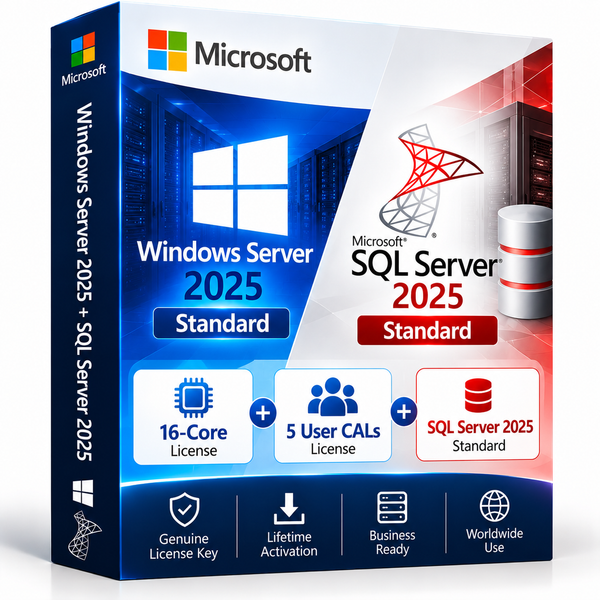 Windows Server 2025 Standard 16-core, 5 User CALs and SQL Server 2025 Standard bundle box